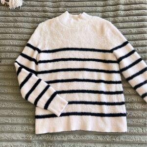 White/Cream & Navy Blue Striped Cozy Mock Neck Sweater- M
